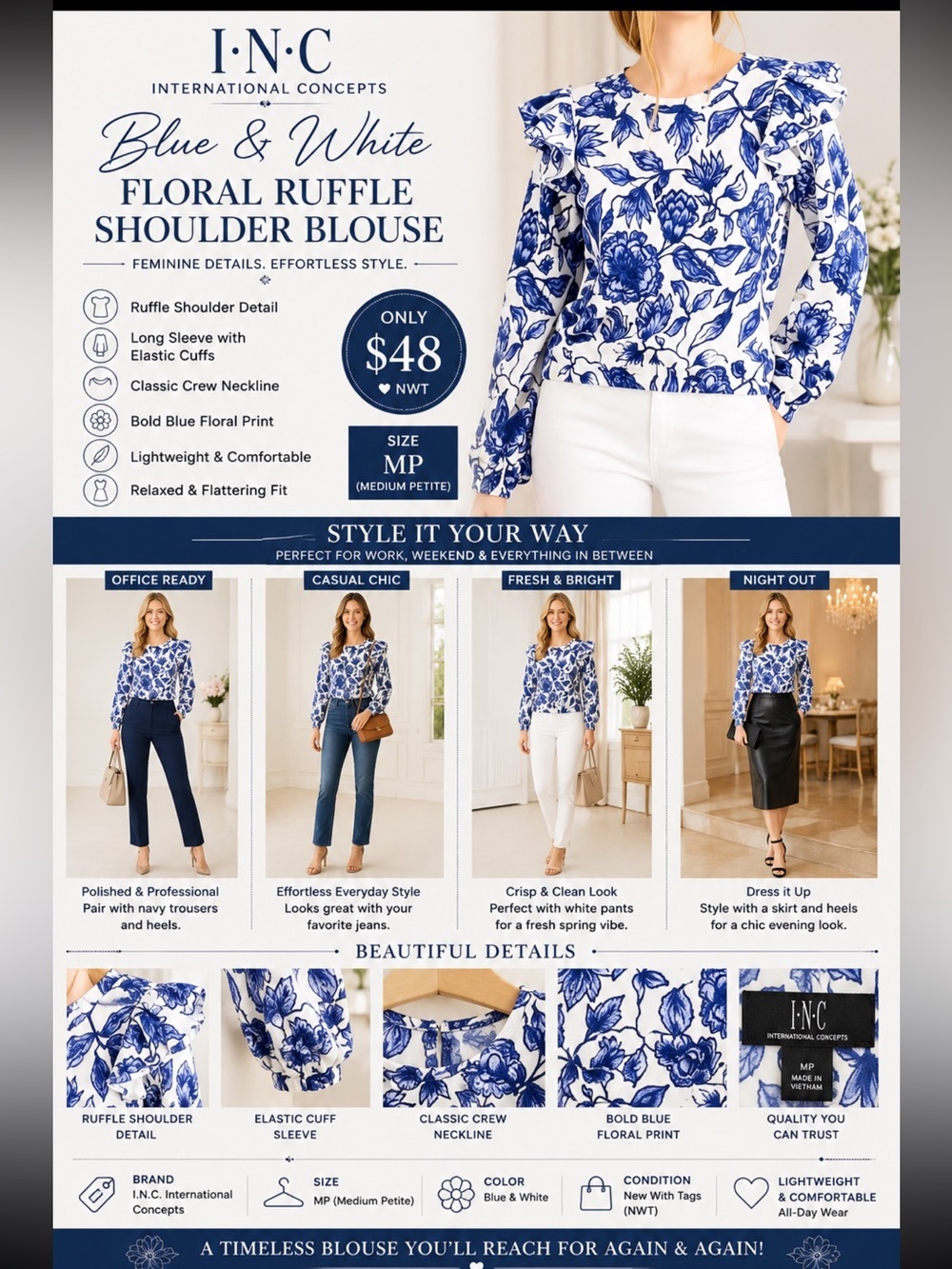 INC BLUE&WHITE FLORAL PATTERN LNG SLV (NWT
RUFFLE-SHOULDER BLOUSE